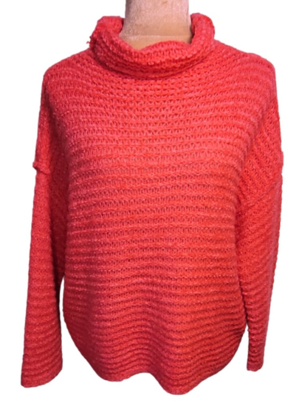 aerie Chunky Cable Knit Fuschia Cozy Sweater Drop Shoulder Cowl Neck Size XS - Picture 2 of 9